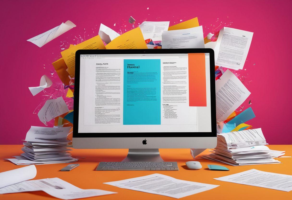 A seamless transition from a paper document to a digital image, featuring a half-visible PDF file morphing into a striking image on a computer screen. Include elements like scattered papers, digital icons representing technology, and vibrant colors that symbolize innovation. The background should blend a traditional office setting with a modern tech feel. super-realistic. vibrant colors. 3D.