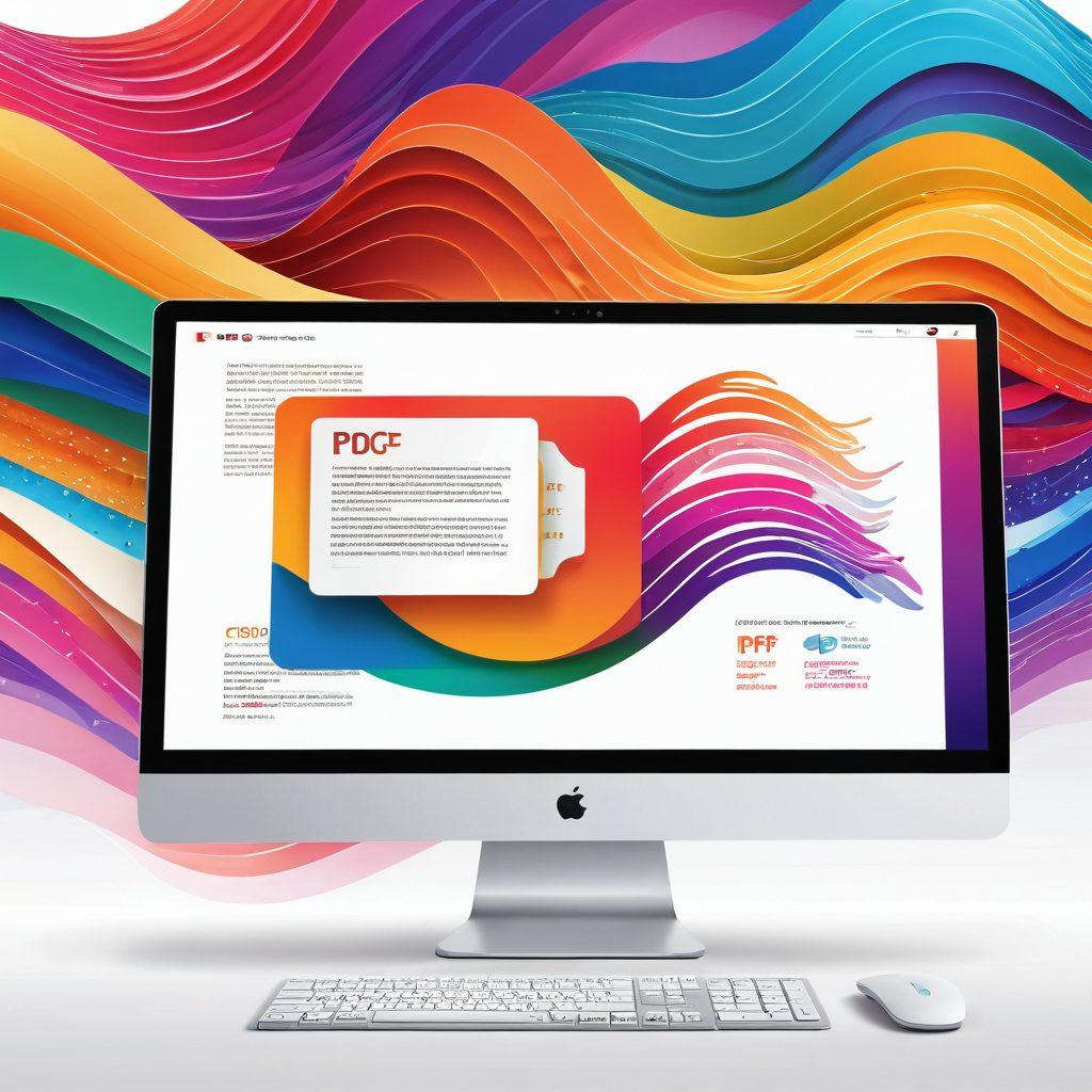 A sleek computer screen displaying a seamless PDF to JPEG conversion process, with a digital lock being unlocked symbolizing quality and access. Surrounding the screen are vibrant, colorful PDF and JPEG icons that burst forth, showcasing the transformation. The background features abstract waves of technology to represent speed and efficiency. The overall atmosphere is bright and inviting, suggesting ease and accessibility. super-realistic. vibrant colors. white background.